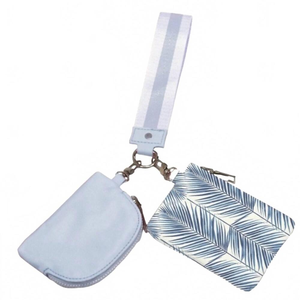 NEW PRETTY SIMPLE women's dual nylon pouch wristlet in sea mist blue palm branch
